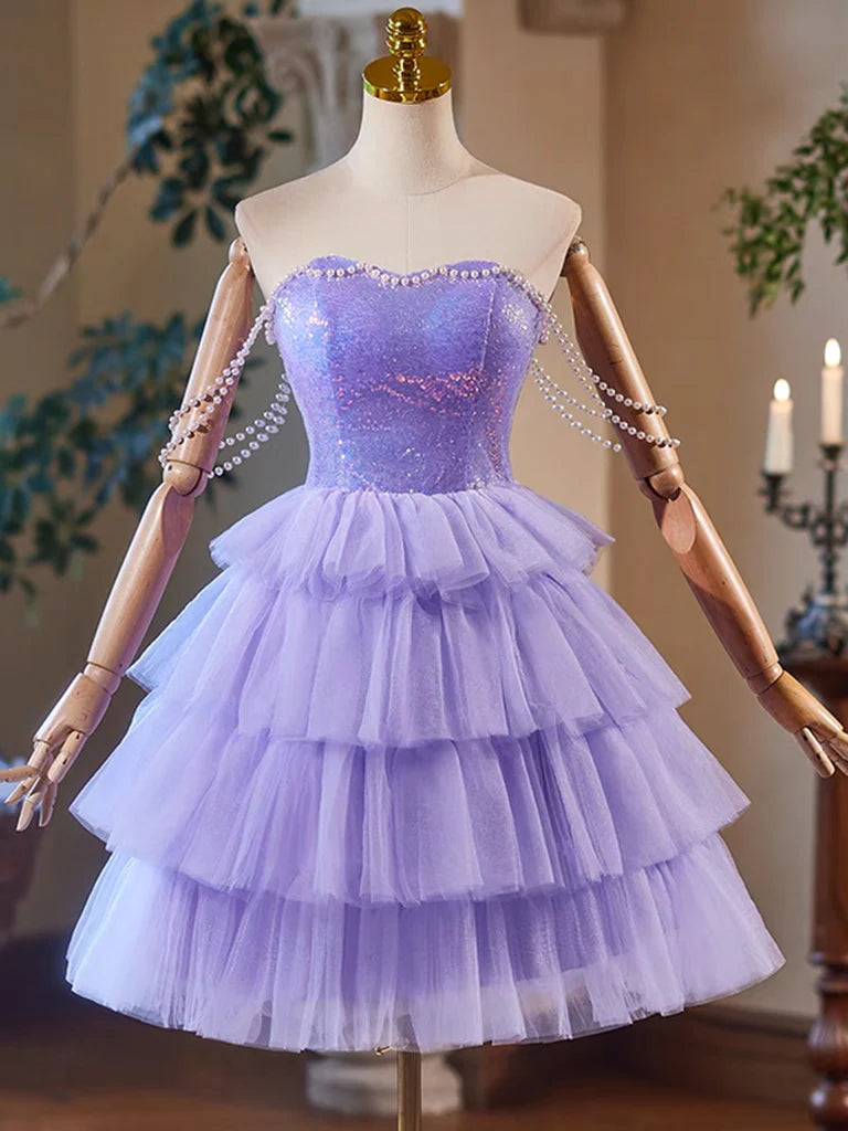 A-Line Tulle Sequin Purple Short Prom Dress Purple Homecoming Dress