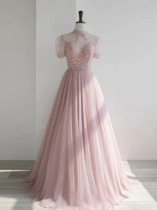 Pink round neck tulle sequin long prom dress  pink tulle formal prom dress