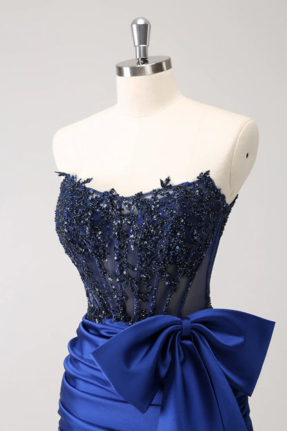 Navy Tight Strapless Corset Pleated Short Beaded Homecoming Dress