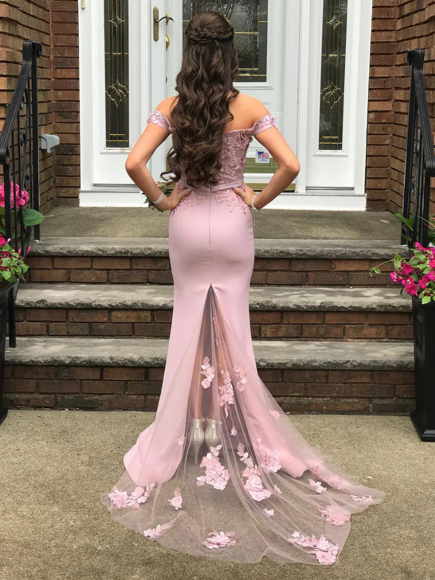 Pink satin mermaid long lace prom dress pink prom  dress