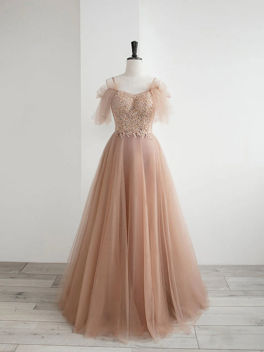 Champagne A line tulle lace long prom dress champagne prom dress