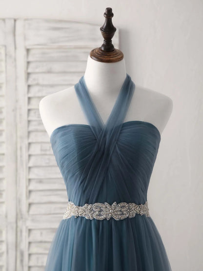 Gray Blue Tulle Long Bridesmaid Dress Gray Blue Prom Dress