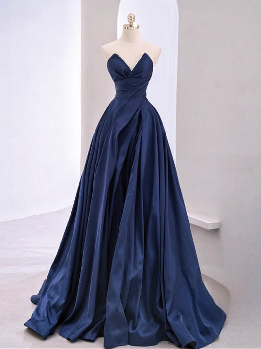 A-Line V Neck Satin Dark Blue Long Evening Dress Dark Blue Long Evening Dress