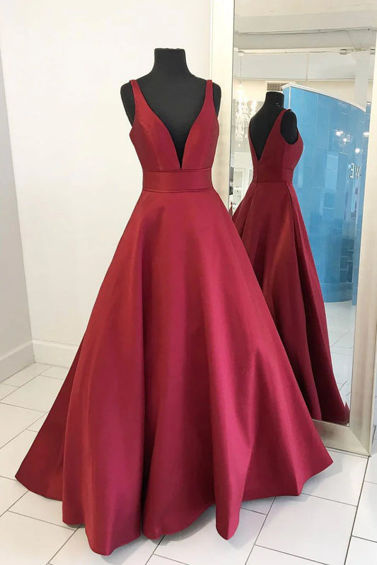 Simple v neck satin long prom dress red prom dress
