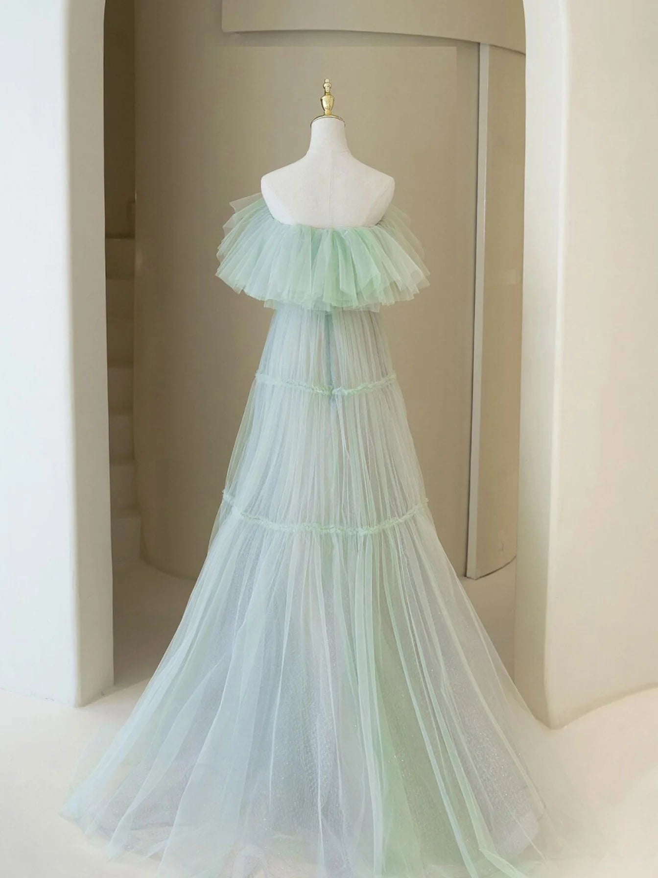 Green A line tulle long prom dress green prom dress