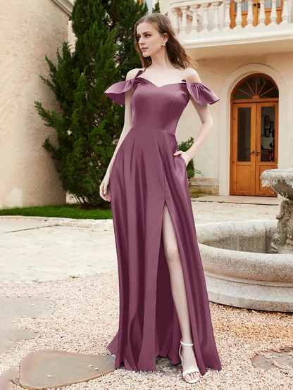 OKBBN Elegant Off Shoulder Satin Bridesmaid Dress