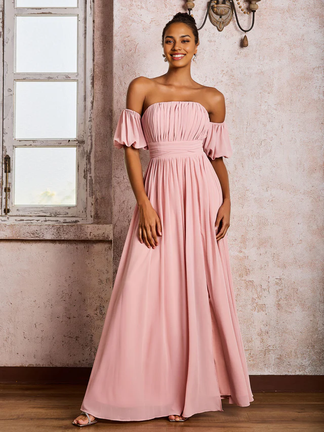 OKBBN square chiffon slit bridesmaid dress with floating sleeves
