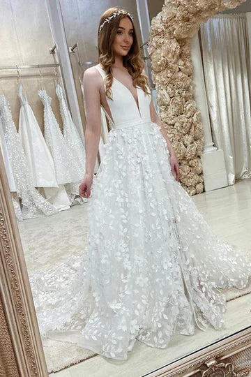 V-Neck Sleeveless 3D Flowers Backless Wedding Dress