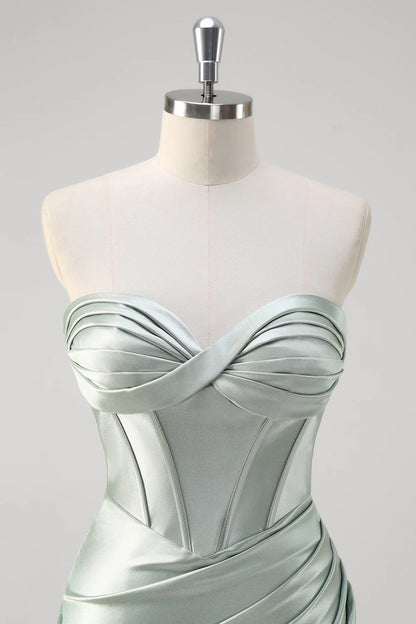 OKBBN mermaid off shoulder pleated satin tight corset long slit evening gown