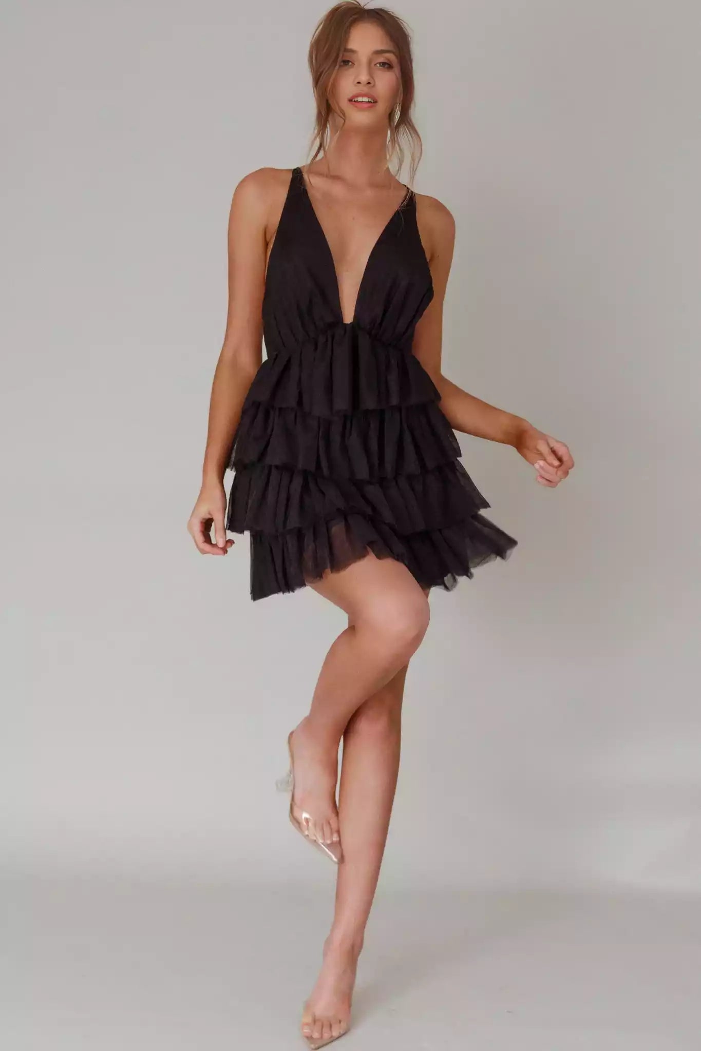 Exquisite mini lining, deep V-neck, layered ruffle edges, cross straps, back zipper, Homecoming Dresses