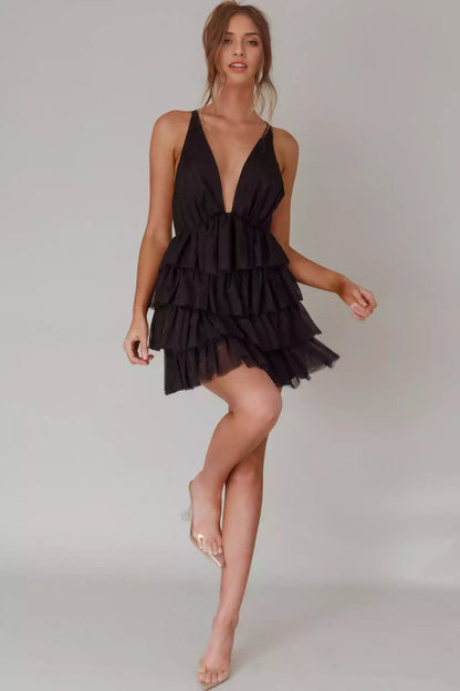 Exquisite mini lining, deep V-neck, layered ruffle edges, cross straps, back zipper, Homecoming Dresses
