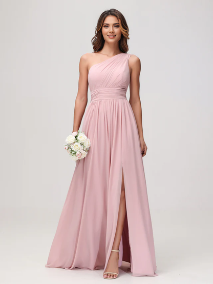 OKBBN One Shoulder Sleeveless Chiffon A-line Bridesmaid Dress