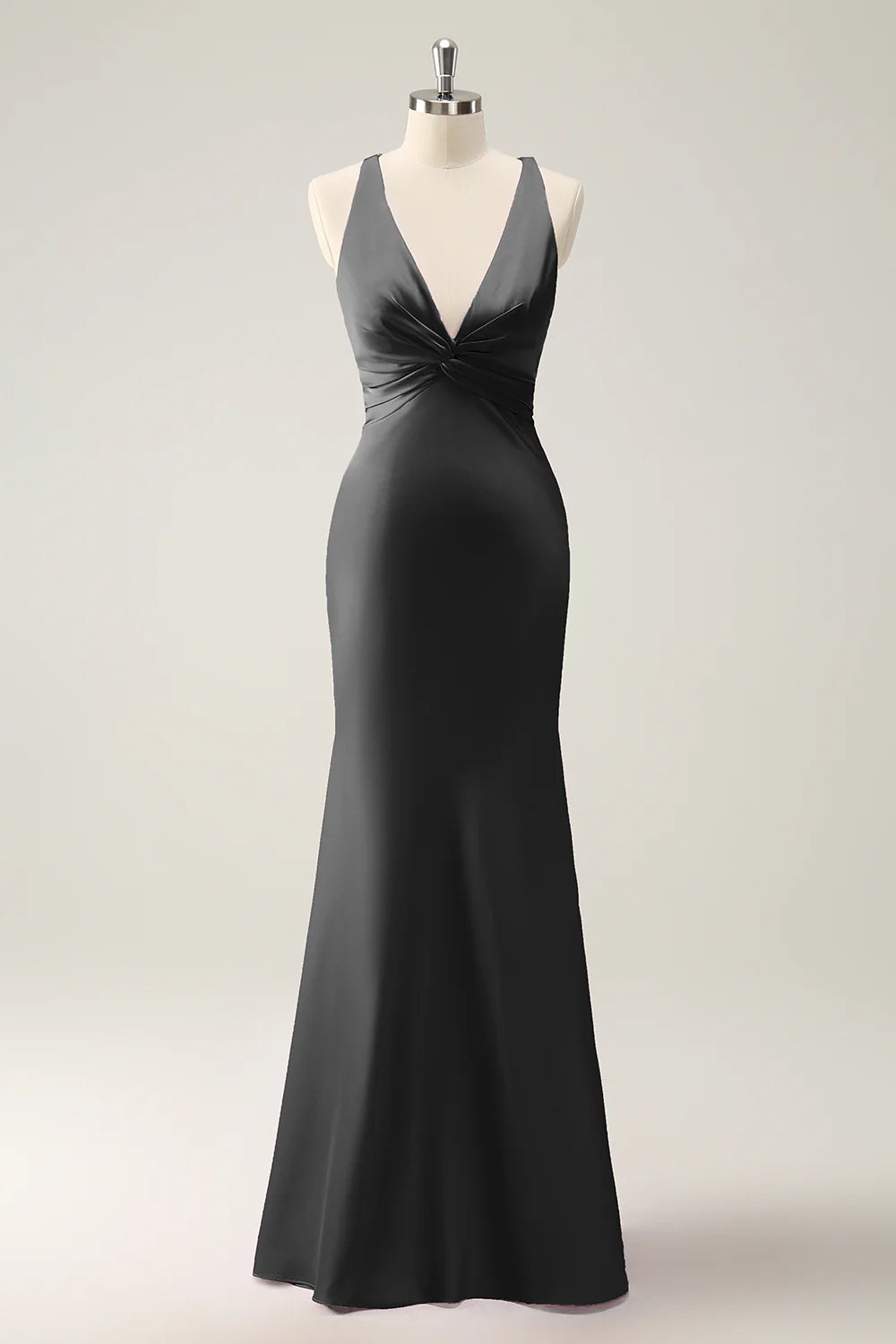 OKBBN Mermaid V-neck Satin Long Bridesmaid Dress