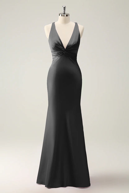 OKBBN Mermaid V-neck Satin Long Bridesmaid Dress