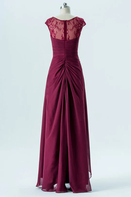 V-Neck Cap Sleeves Long Bridesmaid Dress