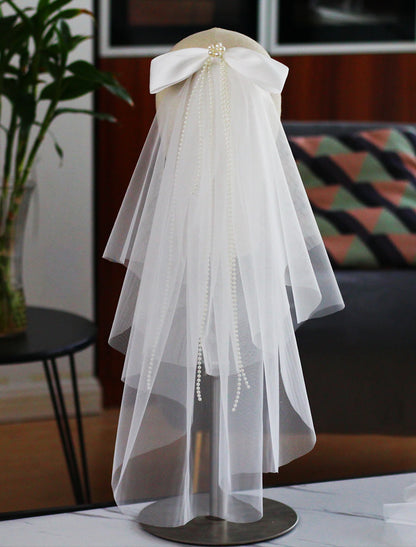 OKBBN two-layer satin ribbon bow chiffon wedding veil