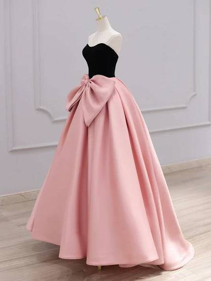 A-Line Sweetheart Neck Satin Velvet Pink Long Evening Dress Pink Long Formal Dress
