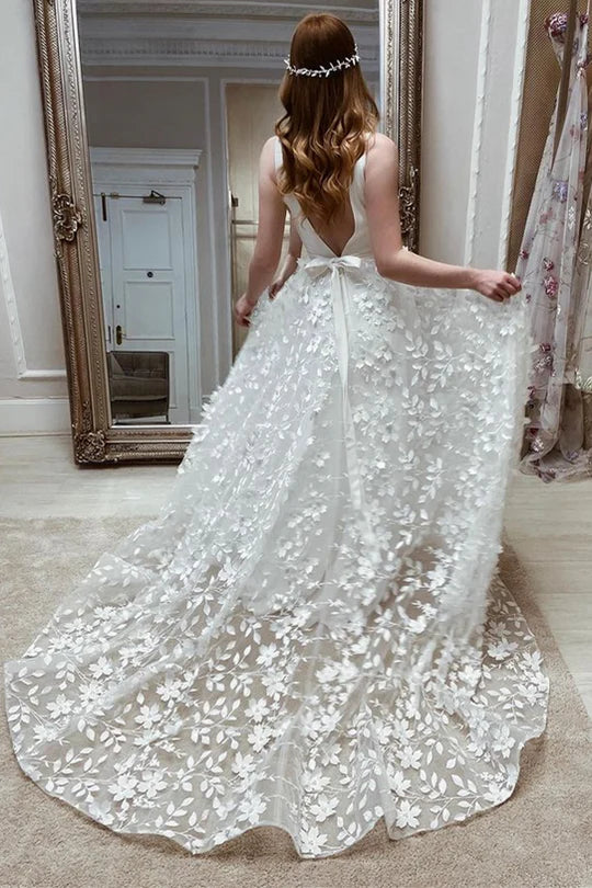 V-Neck Sleeveless 3D Flowers Backless Wedding Dress