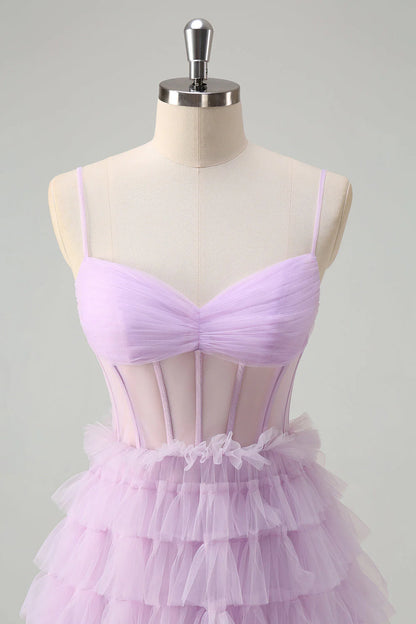 OKBBN A-line thin shoulder strap transparent tight corset layered long layered ballroom dress