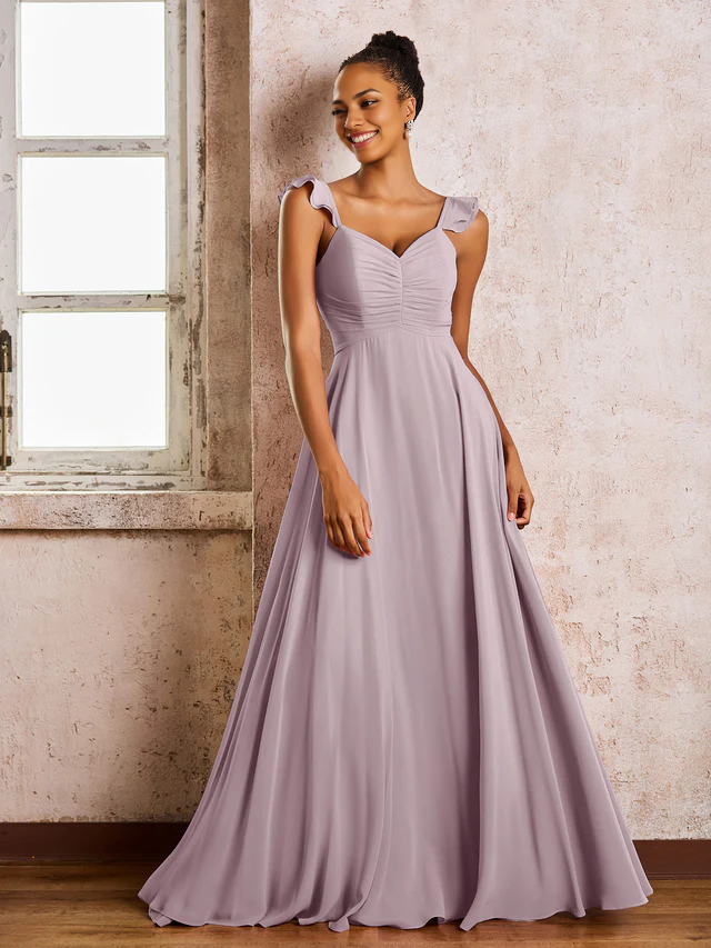 OKBBN pleated shoulder strap sleeveless A-line chiffon bridesmaid dress