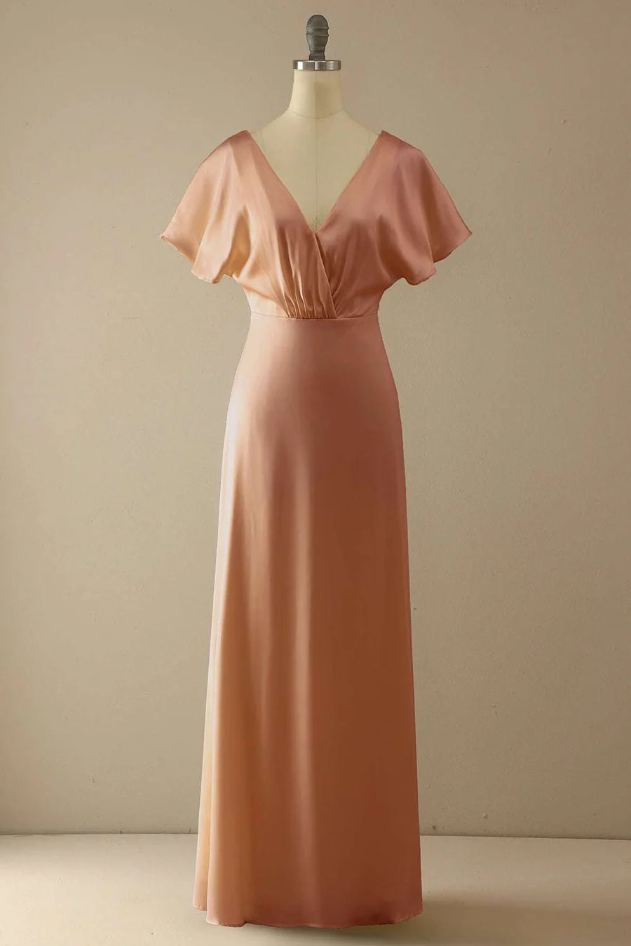 Champagne V-Neck Ruffled Bridesmaid Dress
