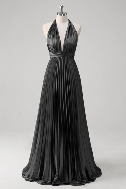 OKBBN satin A-line hanging neck pleated backless long evening gown
