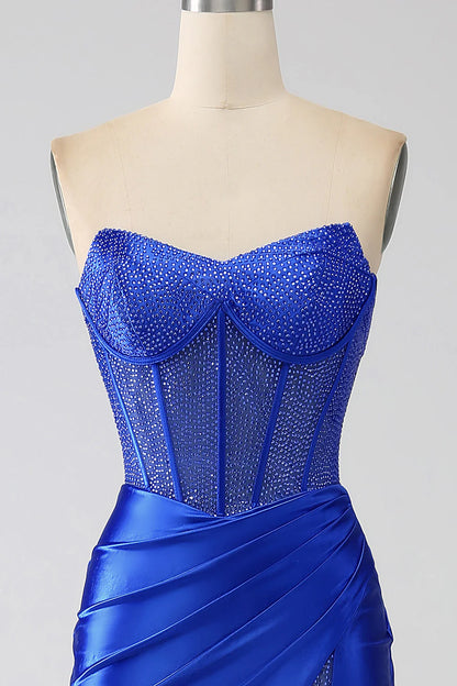 OKBBN mermaid off shoulder tight corset with beaded high slit ball dress