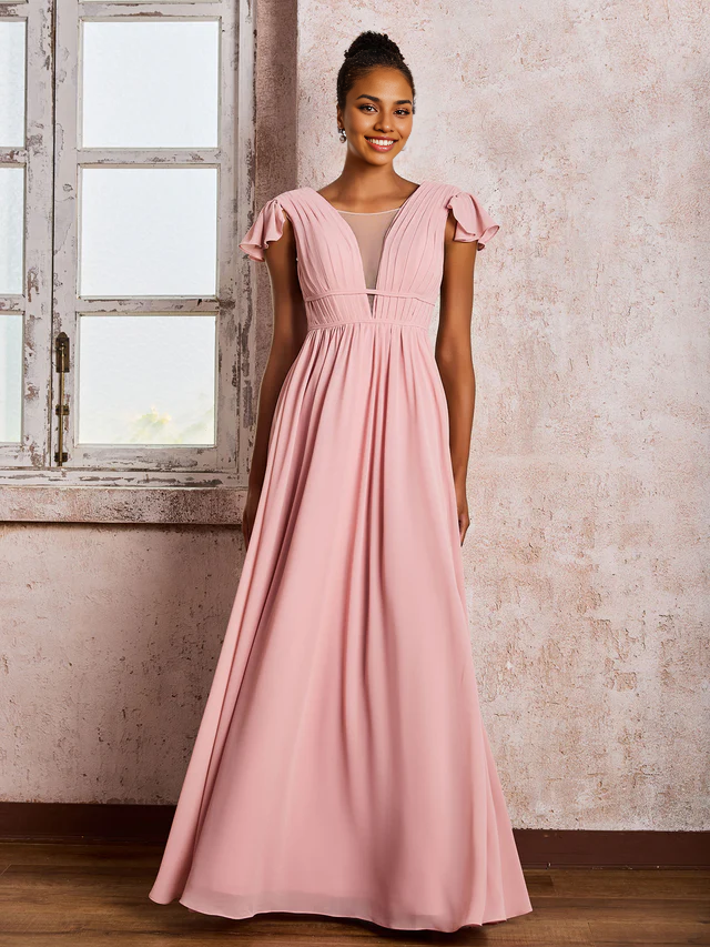OKBBN deep V-neck pleated A-line bridesmaid dress with floating sleeves