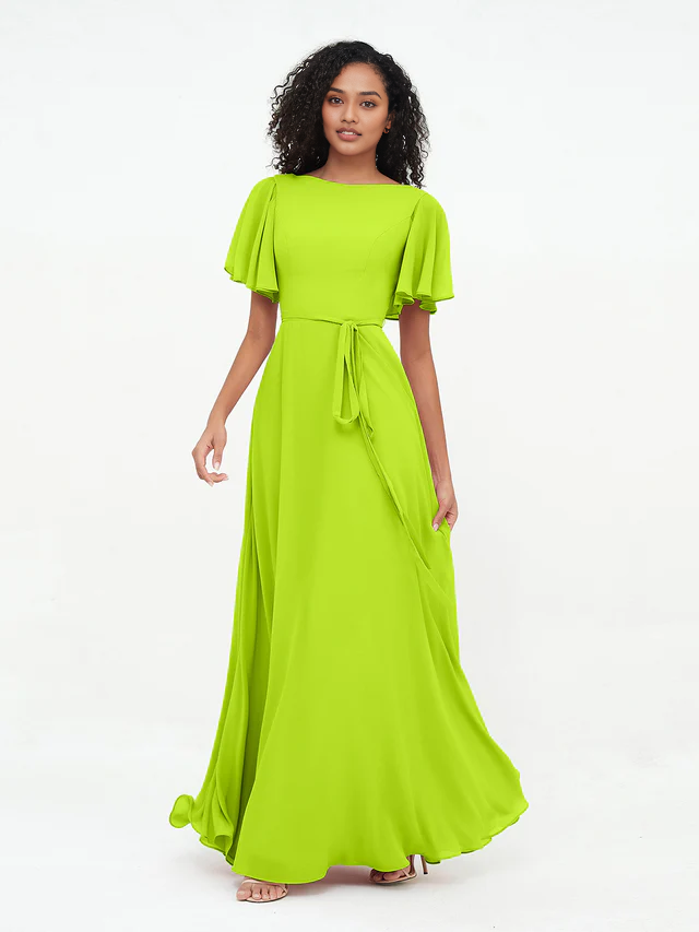 OKBBN elegant flowing sleeve chiffon bridesmaid dress