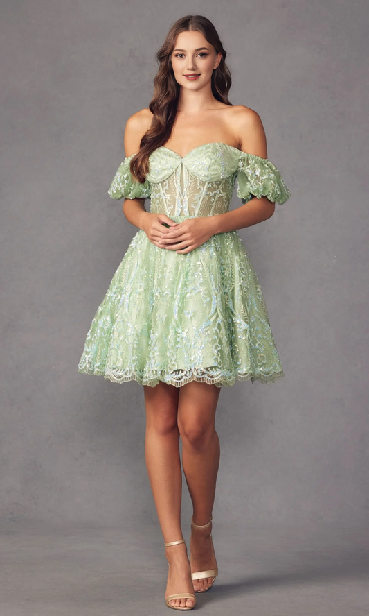 OKBBN off shoulder short A-line heart-shaped neckline sequins see through tight corset Homecoming Dresses