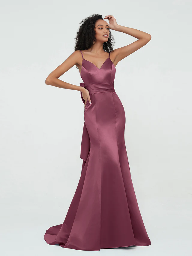 OKBBN thin shoulder strap satin mermaid bridesmaid dress