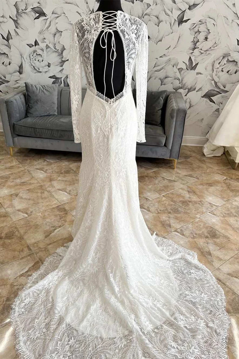 Lace V-Neck Lace-Up Back Long Sleeve Mermaid Wedding Dress