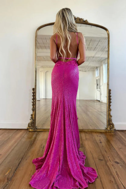 OKBBN Sparkling Mermaid V-neck sequin slit long ball dress