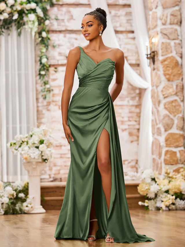 OKBBN one shoulder sweetheart high slit sexy bridesmaid dress