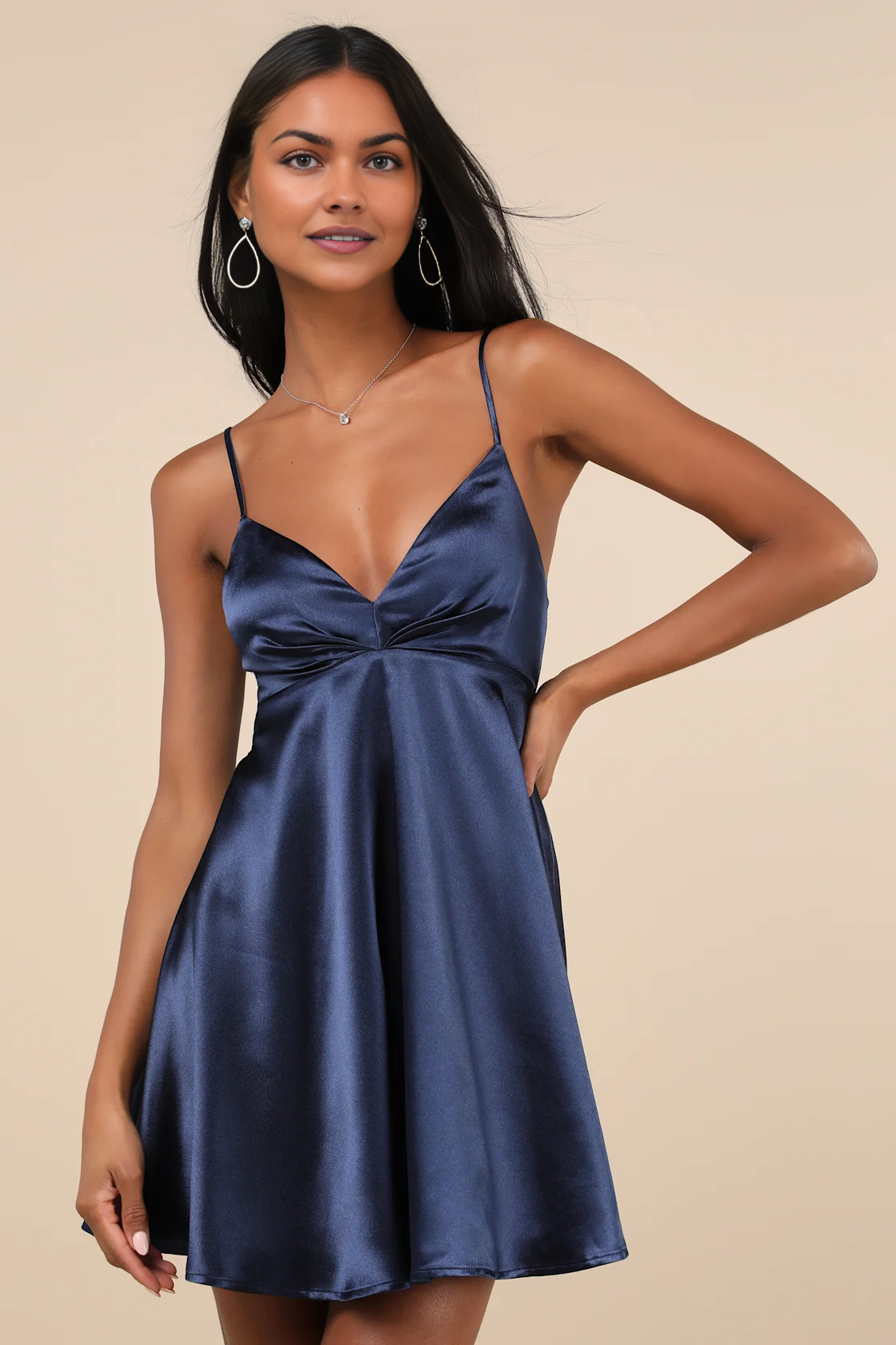 OKBBN romantic woven satin V-neck pleated thin shoulder strap slim fit high waisted skirt hanging Homecoming Dresses