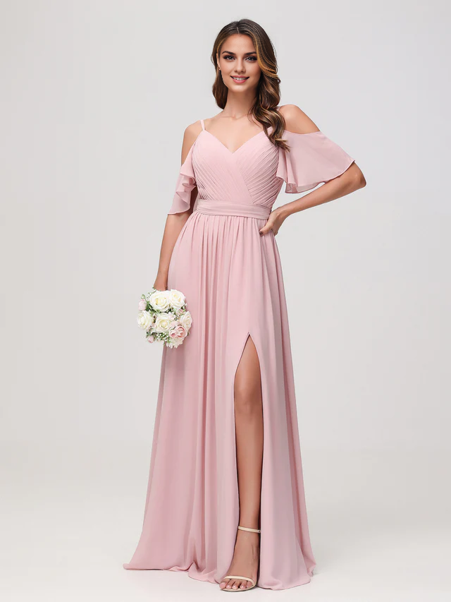 OKBBN off shoulder A-line pleated chiffon shorts bridesmaid dress