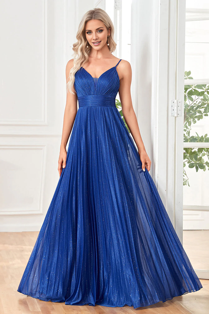 OKBBN A-line thin shoulder strap pleated long ball gown