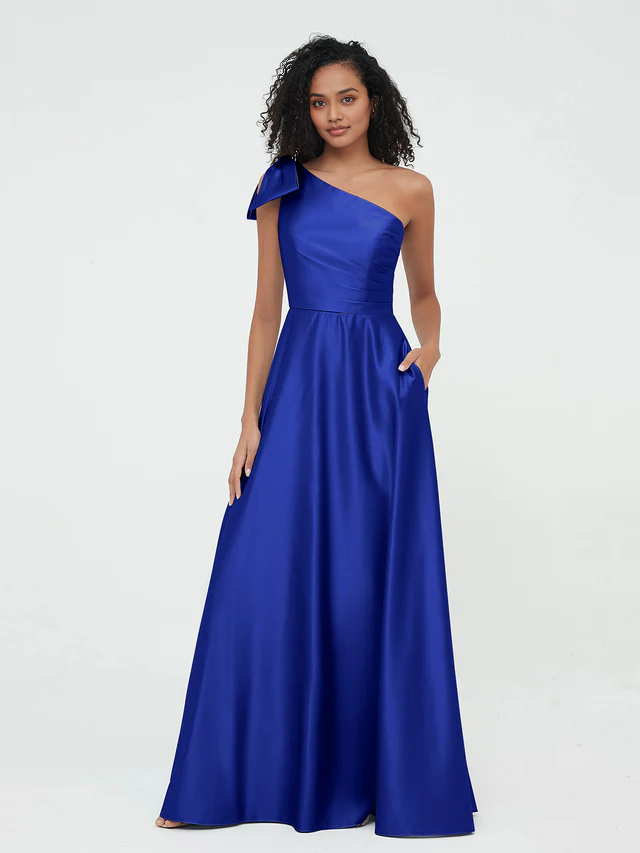 OKBBN One Shoulder Long Satin Sleeveless Bridesmaid Dress
