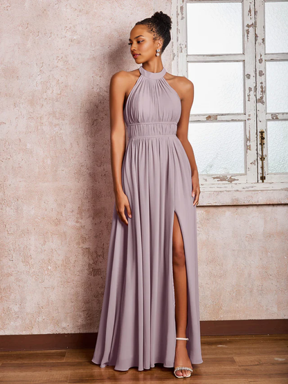 OKBBN pleated neck hanging chiffon split bridesmaid dress