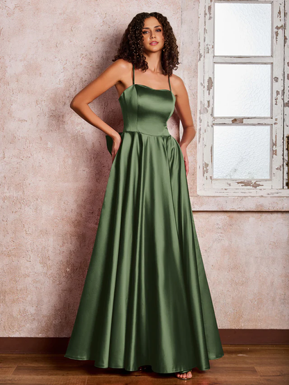 OKBBN Square Neck Thin Strap Satin Bridesmaid Dress
