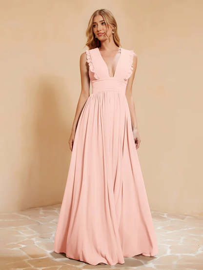 OKBBN deep V-neck ruffled pleated bridesmaid dress