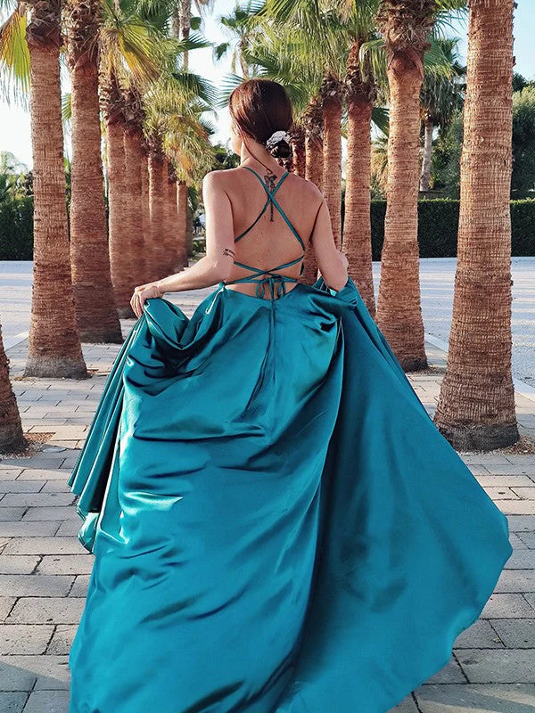 OKBBN A-line Elegant Strap Sleeveless Ruffle Silk Satin Ball Dress