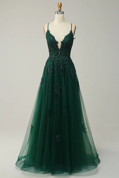 OKBBN Elegant A-line Thin Shoulder Strap Long Embroidered Ball Dress