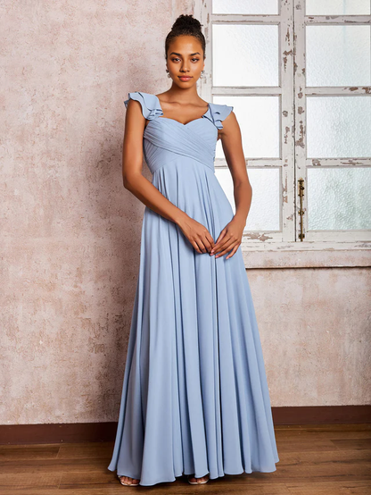 OKBBN ruffled shoulder strap long chiffon bridesmaid dress