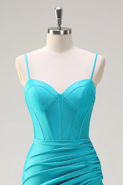OKBBN mermaid slim shoulder strap pleated tight corset slit ball dress