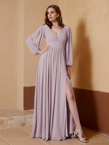 OKBBN deep V-neck and floor split bridesmaid dress