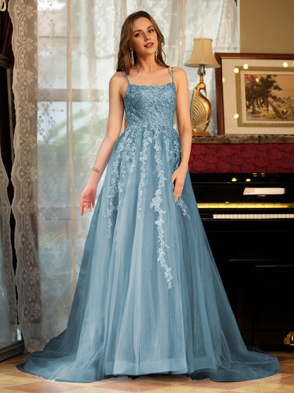 OKBBN A-line princess chiffon thin shoulder strap decal long evening gown