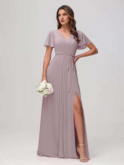 OKBBN pleated chiffon bridesmaid dress with flowing sleeves