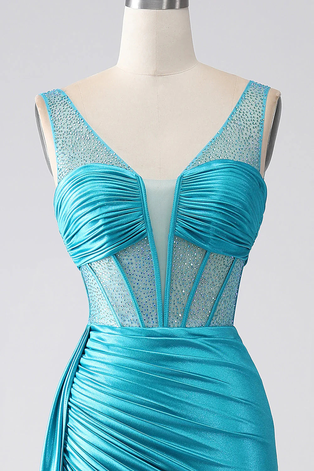 OKBBN mermaid V-neck trailing pleated tight corset bead long ball dress
