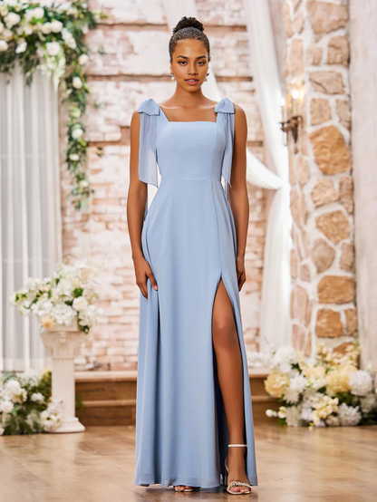 OKBBN Double Bow Shoulder Strap Square Neck Chiffon Split Bridesmaid Dress